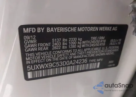 2013 BMW X3 xDrive28I from USA, damaged, VIN 5UXWX9C53D0A24236